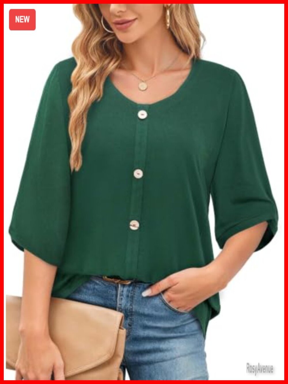 Plus Size Tunic Top 3/4 Sleeve V-Neck A-Line Hide Tummy